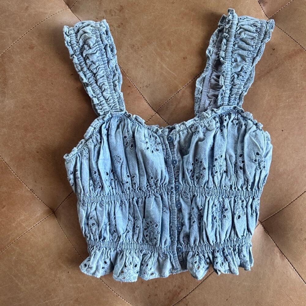Smocked Eyelet Crop Top Blue Milkmaid Prairie Ruffle Romantic Western Levis S